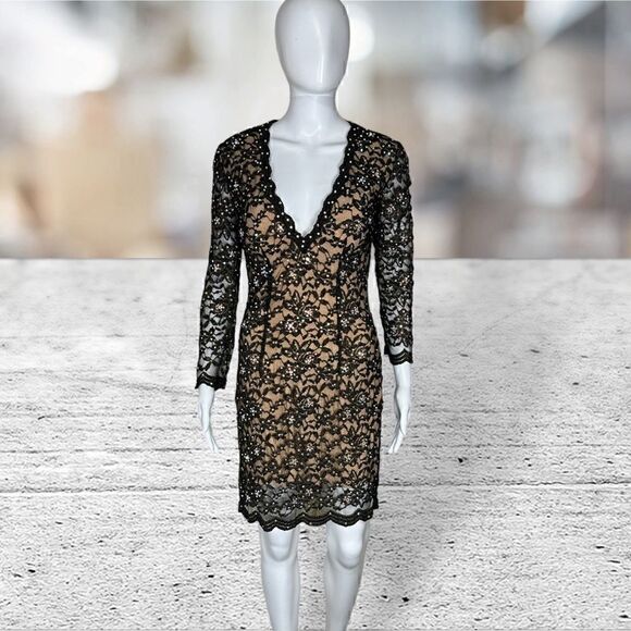 Jovani Lace & Nude 3/4 Sleeve Deep V Jeweled Mini Dress - Picture 1 of 8